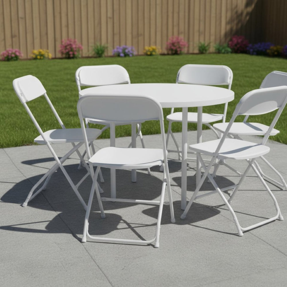 HomeRoots Set of Six Stylish White Metal Folding Dining Chairs for Indoor and Outdoor Events, Space-Saving Design 639954