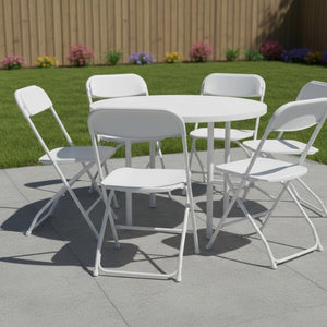 HomeRoots Set of Six Stylish White Metal Folding Dining Chairs for Indoor and Outdoor Events, Space-Saving Design 639954