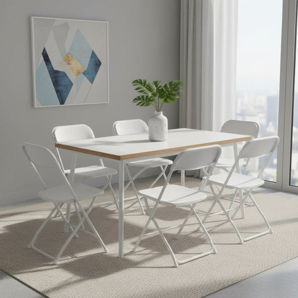 HomeRoots Set of Six Stylish White Metal Folding Dining Chairs for Indoor and Outdoor Events, Space-Saving Design 639954