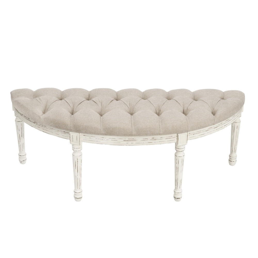 HomeRoots 55" Elegant Beige Tufted Linen Half Circle Bench with Distressed White Wood Base for Any Space 639957