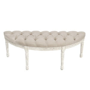 HomeRoots 55" Elegant Beige Tufted Linen Half Circle Bench with Distressed White Wood Base for Any Space 639957