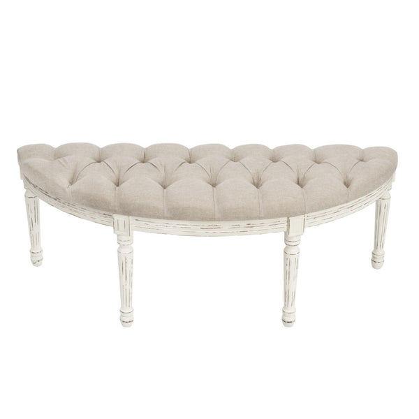 HomeRoots 55" Elegant Beige Tufted Linen Half Circle Bench with Distressed White Wood Base for Any Space 639957