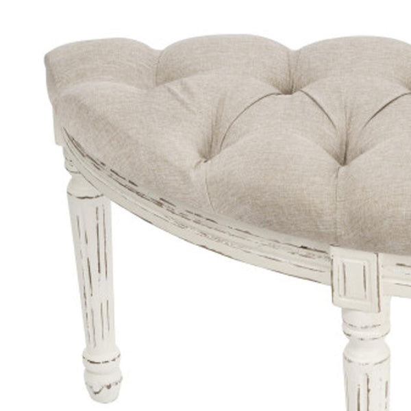 HomeRoots 55" Elegant Beige Tufted Linen Half Circle Bench with Distressed White Wood Base for Any Space 639957