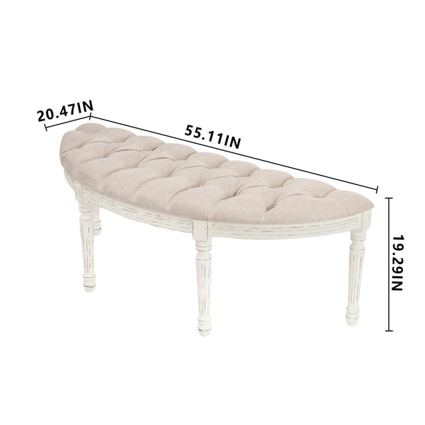 HomeRoots 55" Elegant Beige Tufted Linen Half Circle Bench with Distressed White Wood Base for Any Space 639957