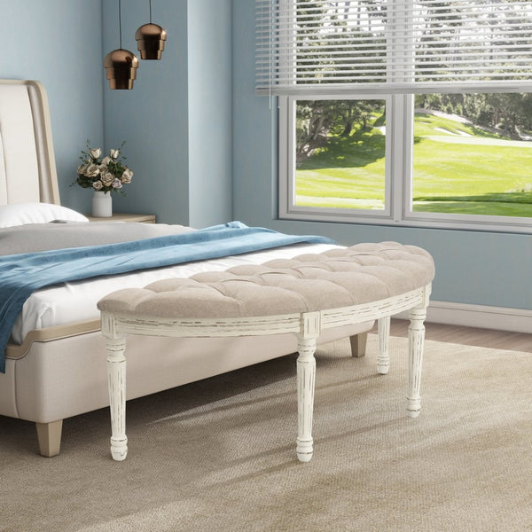 HomeRoots 55" Elegant Beige Tufted Linen Half Circle Bench with Distressed White Wood Base for Any Space 639957