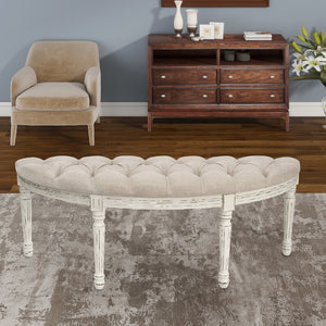 HomeRoots 55" Elegant Beige Tufted Linen Half Circle Bench with Distressed White Wood Base for Any Space 639957