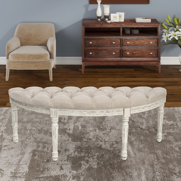 HomeRoots 55" Elegant Beige Tufted Linen Half Circle Bench with Distressed White Wood Base for Any Space 639957