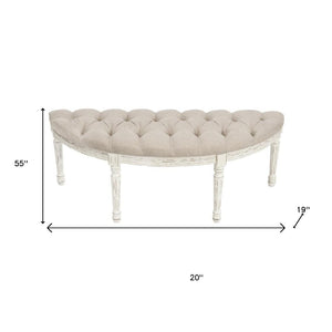 HomeRoots 55" Elegant Beige Tufted Linen Half Circle Bench with Distressed White Wood Base for Any Space 639957