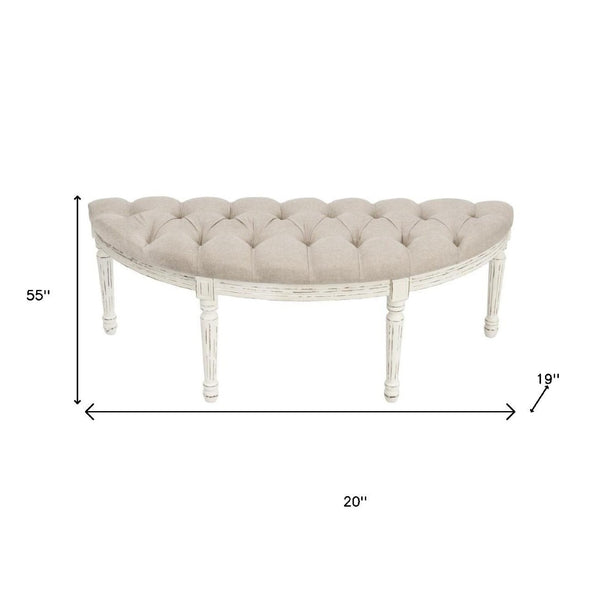HomeRoots 55" Elegant Beige Tufted Linen Half Circle Bench with Distressed White Wood Base for Any Space 639957