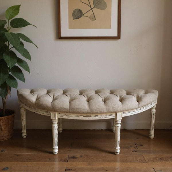 HomeRoots 55" Elegant Beige Tufted Linen Half Circle Bench with Distressed White Wood Base for Any Space 639957