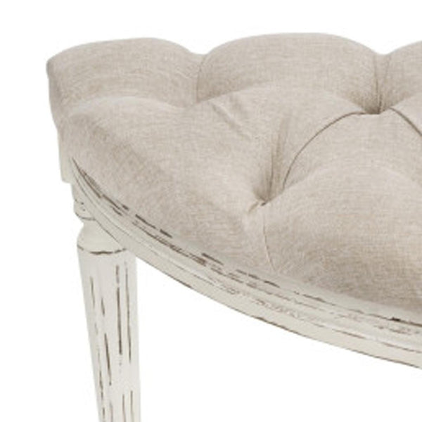 HomeRoots 55" Elegant Beige Tufted Linen Half Circle Bench with Distressed White Wood Base for Any Space 639957