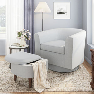 HomeRoots 29" Light Gray Upholstered Swivel Barrel Chair with Storage Ottoman for Modern Living Spaces & Style 639969