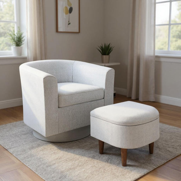 HomeRoots 29" Light Gray Upholstered Swivel Barrel Chair with Storage Ottoman for Modern Living Spaces & Style 639969