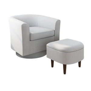 HomeRoots 29" Light Gray Upholstered Swivel Barrel Chair with Storage Ottoman for Modern Living Spaces & Style 639969