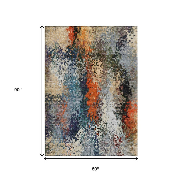 HomeRoots 5' X 8' Vibrant Blue, Orange & Ivory Abstract Washable Area Rug for Indoor & Outdoor Use 639981