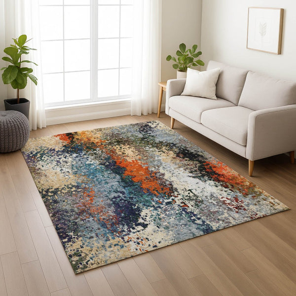 HomeRoots 5' X 8' Vibrant Blue, Orange & Ivory Abstract Washable Area Rug for Indoor & Outdoor Use 639981