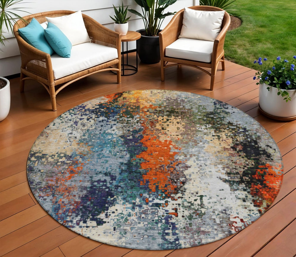 HomeRoots 8' Vibrant Blue, Orange & Ivory Round Abstract Rug - Washable Indoor/Outdoor, Stain-Resistant Design 639982