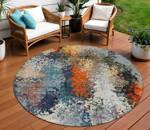 HomeRoots 8' Vibrant Blue, Orange & Ivory Round Abstract Rug - Washable Indoor/Outdoor, Stain-Resistant Design 639982
