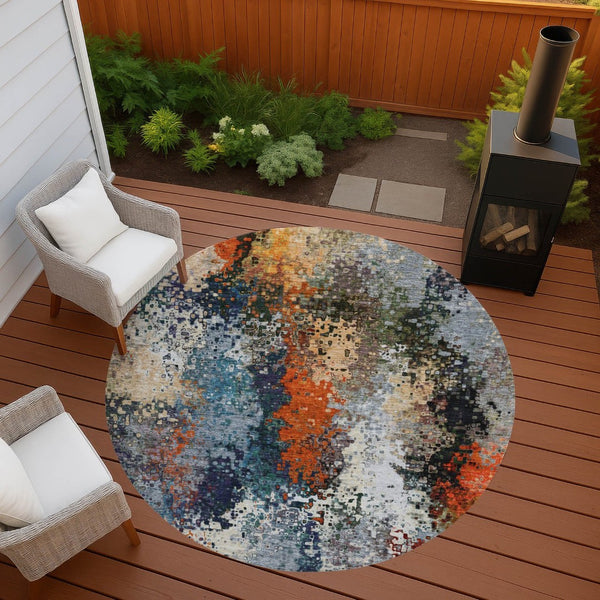 HomeRoots 8' Vibrant Blue, Orange & Ivory Round Abstract Rug - Washable Indoor/Outdoor, Stain-Resistant Design 639982