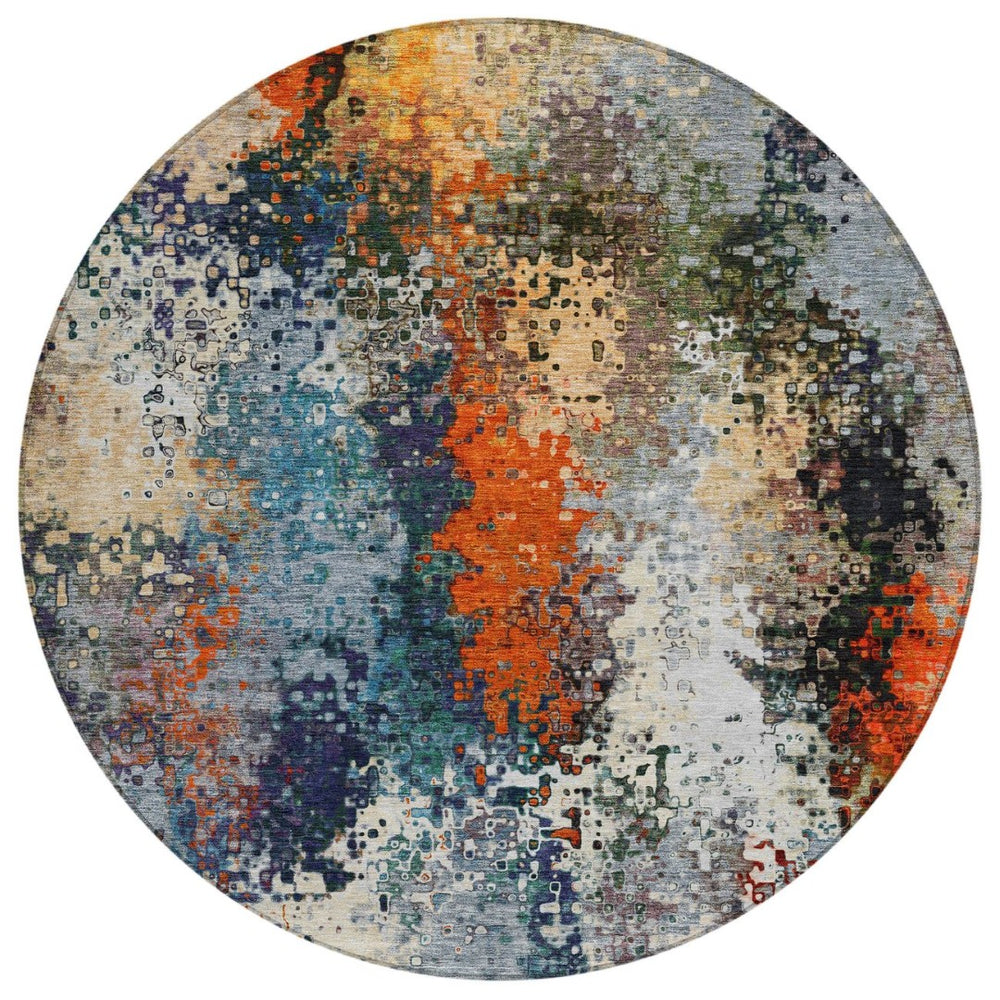 HomeRoots 8' Vibrant Blue, Orange & Ivory Round Abstract Rug - Washable Indoor/Outdoor, Stain-Resistant Design 639982
