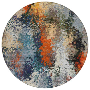 HomeRoots 8' Vibrant Blue, Orange & Ivory Round Abstract Rug - Washable Indoor/Outdoor, Stain-Resistant Design 639982