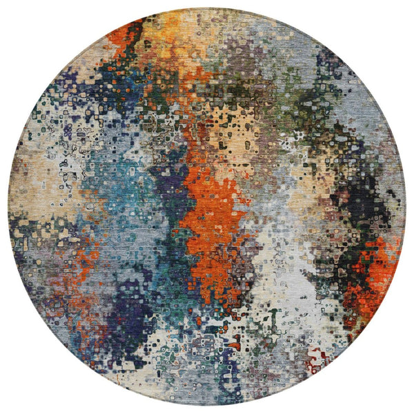 HomeRoots 8' Vibrant Blue, Orange & Ivory Round Abstract Rug - Washable Indoor/Outdoor, Stain-Resistant Design 639982