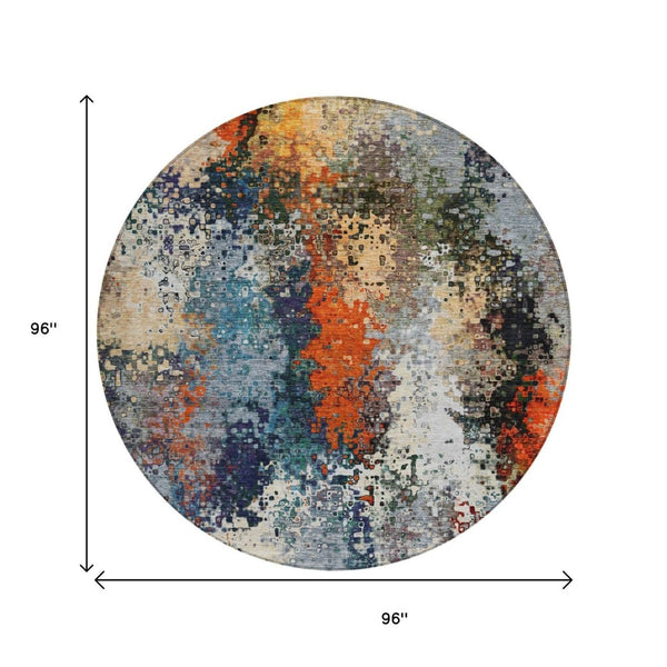 HomeRoots 8' Vibrant Blue, Orange & Ivory Round Abstract Rug - Washable Indoor/Outdoor, Stain-Resistant Design 639982