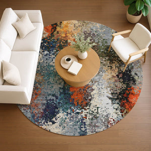HomeRoots 8' Vibrant Blue, Orange & Ivory Round Abstract Rug - Washable Indoor/Outdoor, Stain-Resistant Design 639982