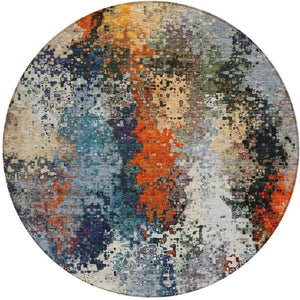 HomeRoots 8' Vibrant Blue, Orange & Ivory Round Abstract Rug - Washable Indoor/Outdoor, Stain-Resistant Design 639982