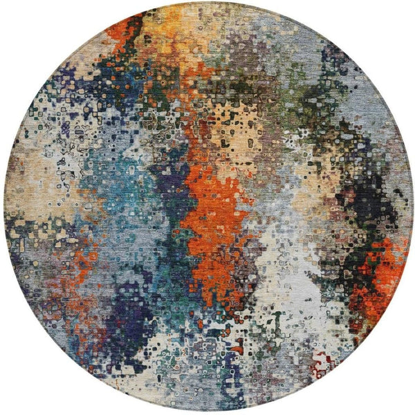 HomeRoots 8' Vibrant Blue, Orange & Ivory Round Abstract Rug - Washable Indoor/Outdoor, Stain-Resistant Design 639982
