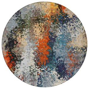 HomeRoots 8' Vibrant Blue, Orange & Ivory Round Abstract Rug - Washable Indoor/Outdoor, Stain-Resistant Design 639982