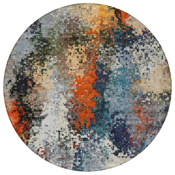 HomeRoots 8' Vibrant Blue, Orange & Ivory Round Abstract Rug - Washable Indoor/Outdoor, Stain-Resistant Design 639982