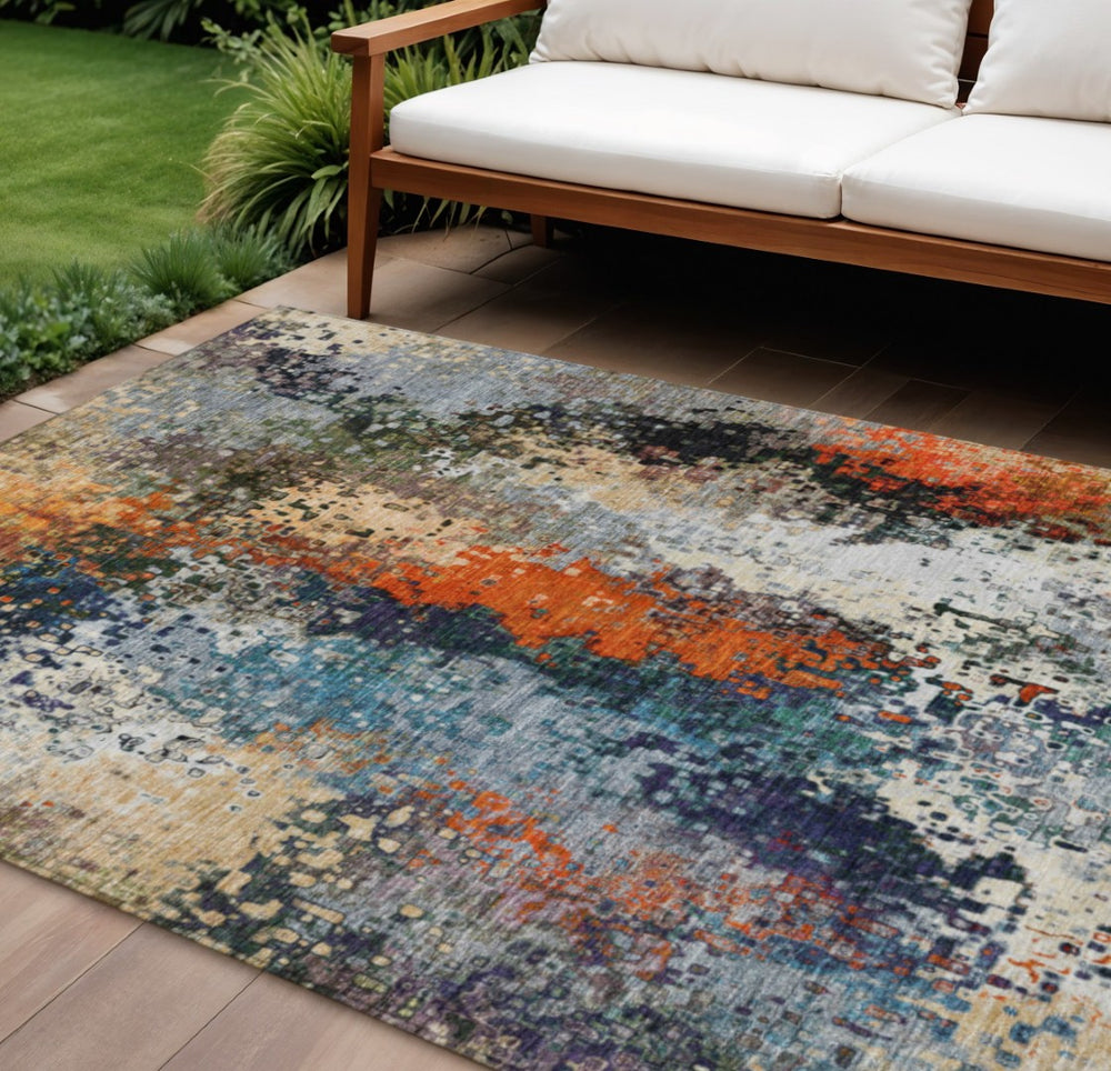 HomeRoots 8' X 10' Abstract Blue Orange Ivory Area Rug – Stylish, Washable, Durable for Indoor & Outdoor Use! 639983