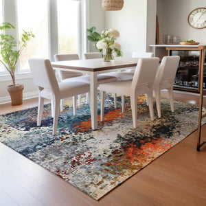 HomeRoots 9' X 12' Vibrant Blue, Orange & Ivory Abstract Washable Area Rug for Indoor & Outdoor Spaces 639984
