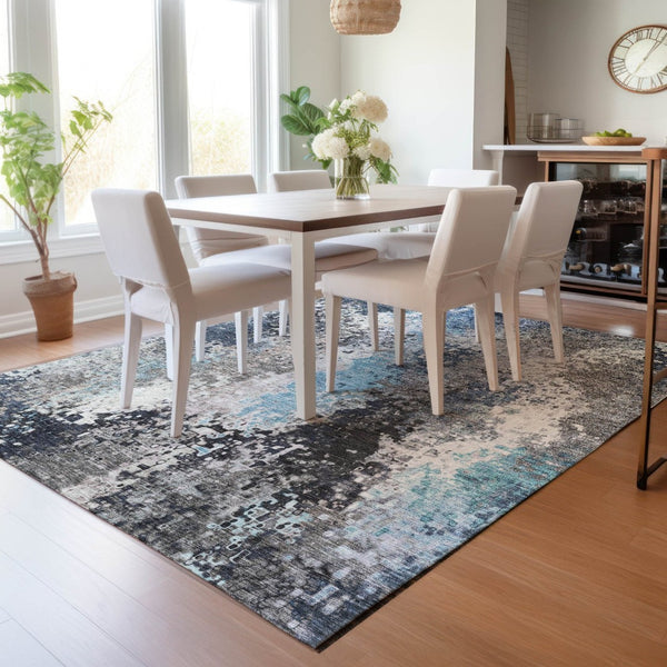 HomeRoots 5' X 8' Contemporary Denim Blue & Gray Abstract Area Rug - Durable, Washable for Indoor/Outdoor Use 639987