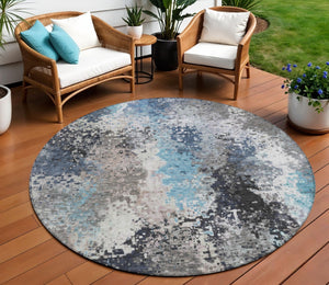 HomeRoots 8' Round Abstract Area Rug in Denim Blue, Ivory & Gray - Washable, Durable, Indoor/Outdoor Style! 639988
