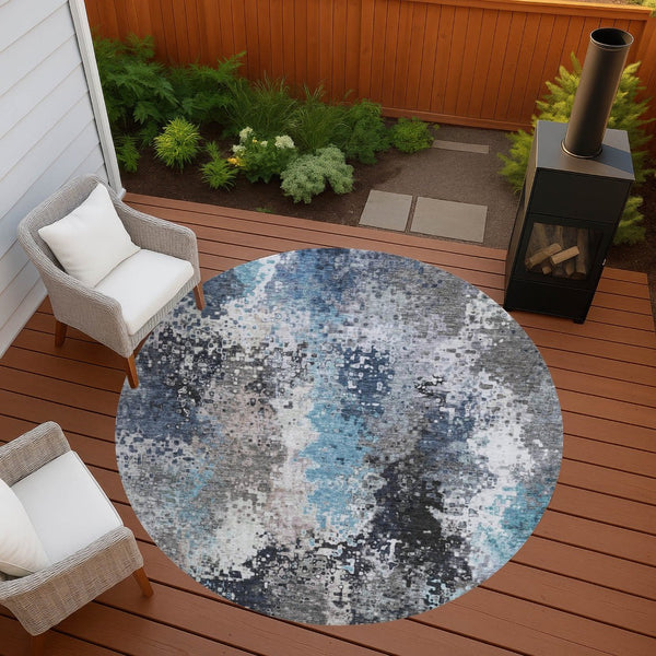 HomeRoots 8' Round Abstract Area Rug in Denim Blue, Ivory & Gray - Washable, Durable, Indoor/Outdoor Style! 639988