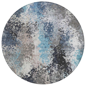 HomeRoots 8' Round Abstract Area Rug in Denim Blue, Ivory & Gray - Washable, Durable, Indoor/Outdoor Style! 639988