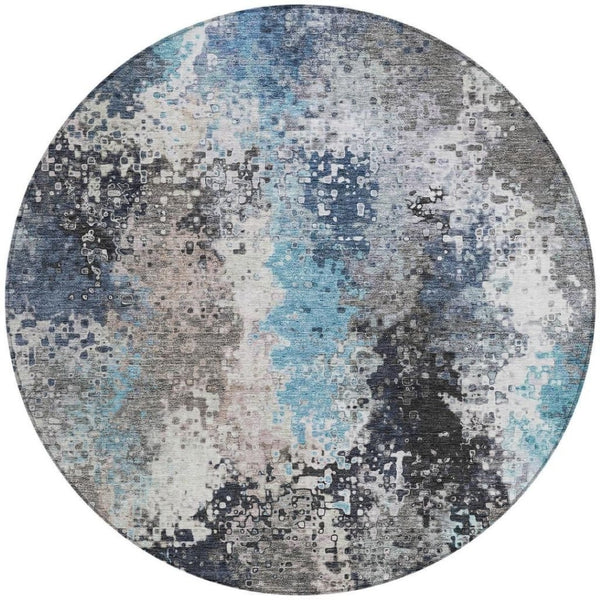 HomeRoots 8' Round Abstract Area Rug in Denim Blue, Ivory & Gray - Washable, Durable, Indoor/Outdoor Style! 639988