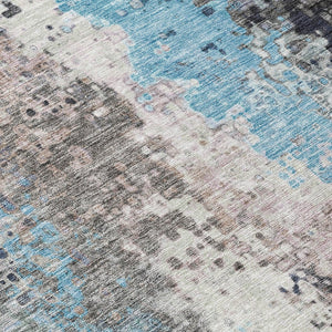 HomeRoots 8' Round Abstract Area Rug in Denim Blue, Ivory & Gray - Washable, Durable, Indoor/Outdoor Style! 639988