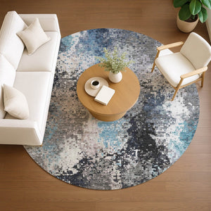 HomeRoots 8' Round Abstract Area Rug in Denim Blue, Ivory & Gray - Washable, Durable, Indoor/Outdoor Style! 639988