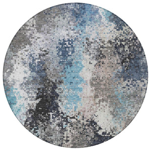 HomeRoots 8' Round Abstract Area Rug in Denim Blue, Ivory & Gray - Washable, Durable, Indoor/Outdoor Style! 639988