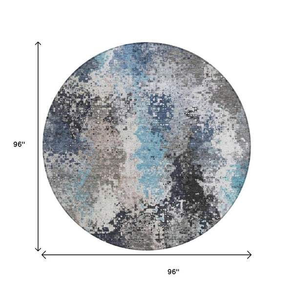 HomeRoots 8' Round Abstract Area Rug in Denim Blue, Ivory & Gray - Washable, Durable, Indoor/Outdoor Style! 639988
