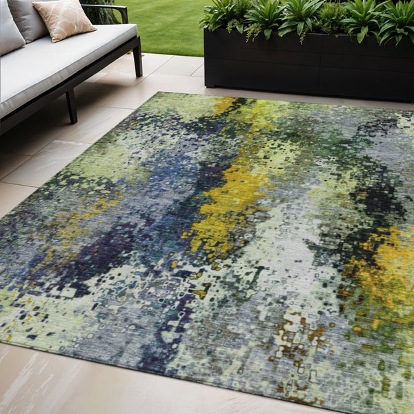 HomeRoots 5' X 8' Washable Abstract Area Rug in Green, Gold & Charcoal - Stylish Indoor/Outdoor Décor Solution 639993