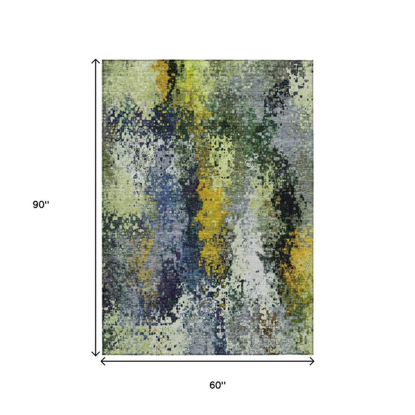 HomeRoots 5' X 8' Washable Abstract Area Rug in Green, Gold & Charcoal - Stylish Indoor/Outdoor Décor Solution 639993