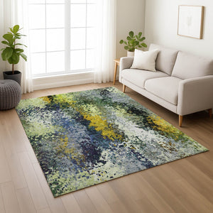 HomeRoots 5' X 8' Washable Abstract Area Rug in Green, Gold & Charcoal - Stylish Indoor/Outdoor Décor Solution 639993