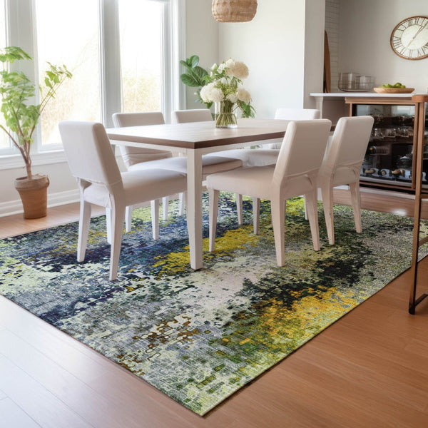 HomeRoots 5' X 8' Washable Abstract Area Rug in Green, Gold & Charcoal - Stylish Indoor/Outdoor Décor Solution 639993