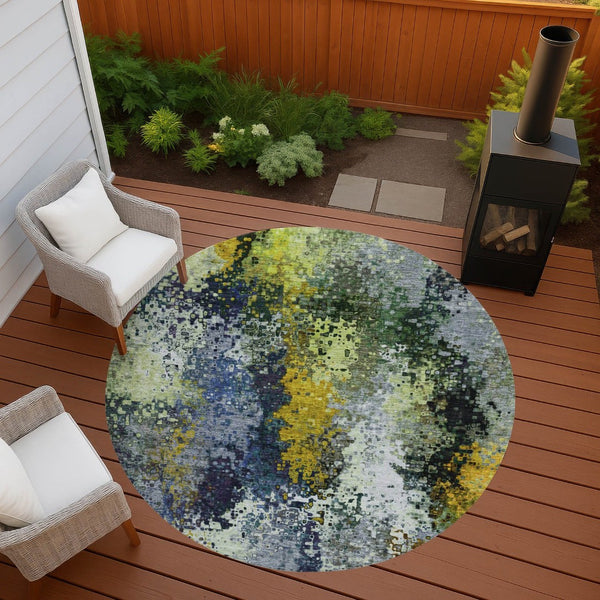 HomeRoots 8' Round Abstract Area Rug in Green, Gold & Charcoal - Washable, Durable for Indoor & Outdoor Use 639994