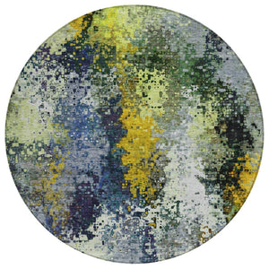 HomeRoots 8' Round Abstract Area Rug in Green, Gold & Charcoal - Washable, Durable for Indoor & Outdoor Use 639994