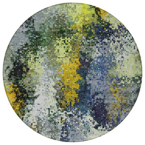 HomeRoots 8' Round Abstract Area Rug in Green, Gold & Charcoal - Washable, Durable for Indoor & Outdoor Use 639994